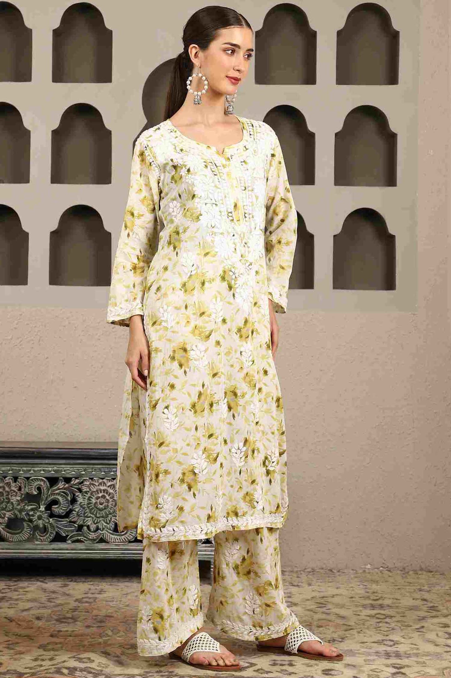 Falak Mulmul Chikankari Kurta Set with White Thread – Notch Neck