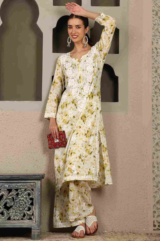 Falak Mulmul Chikankari Kurta Set with White Thread – Notch Neck