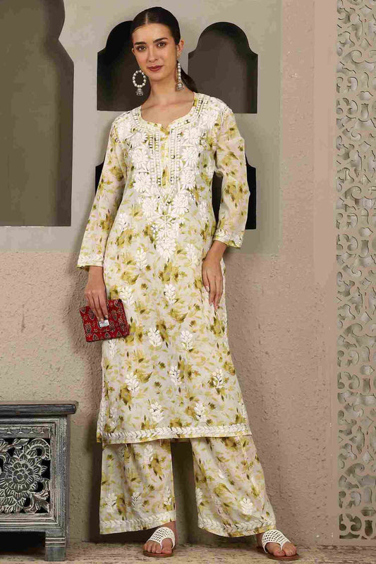 Falak Mulmul Chikankari Kurta Set with White Thread – Notch Neck