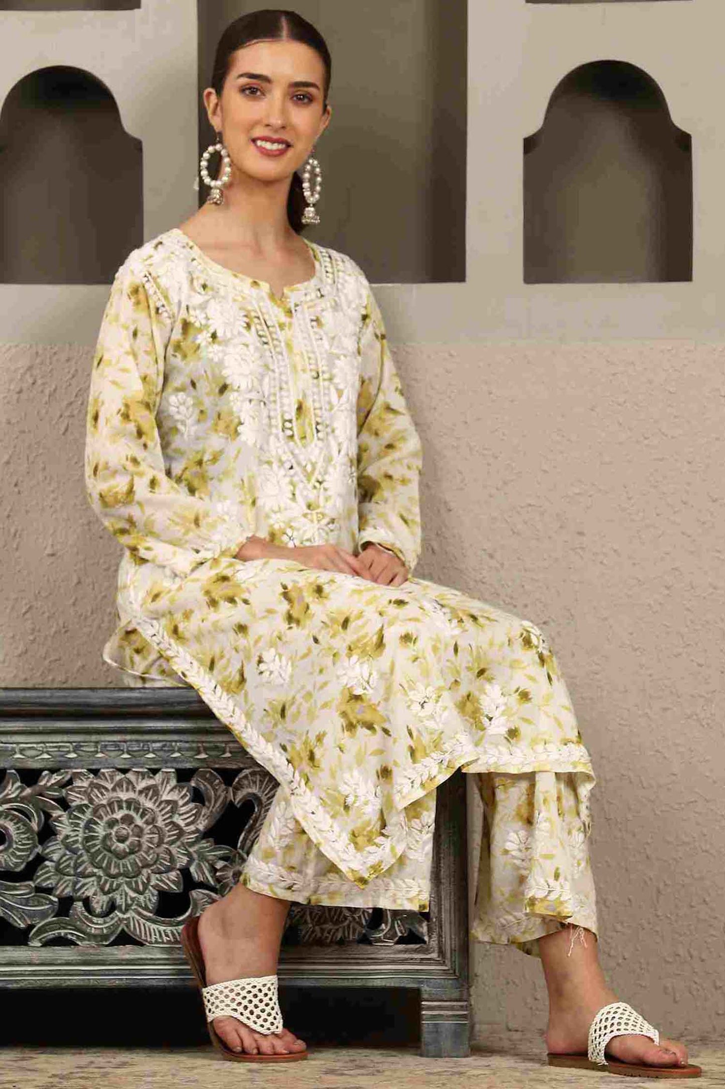 Falak Mulmul Chikankari Kurta Set with White Thread – Notch Neck