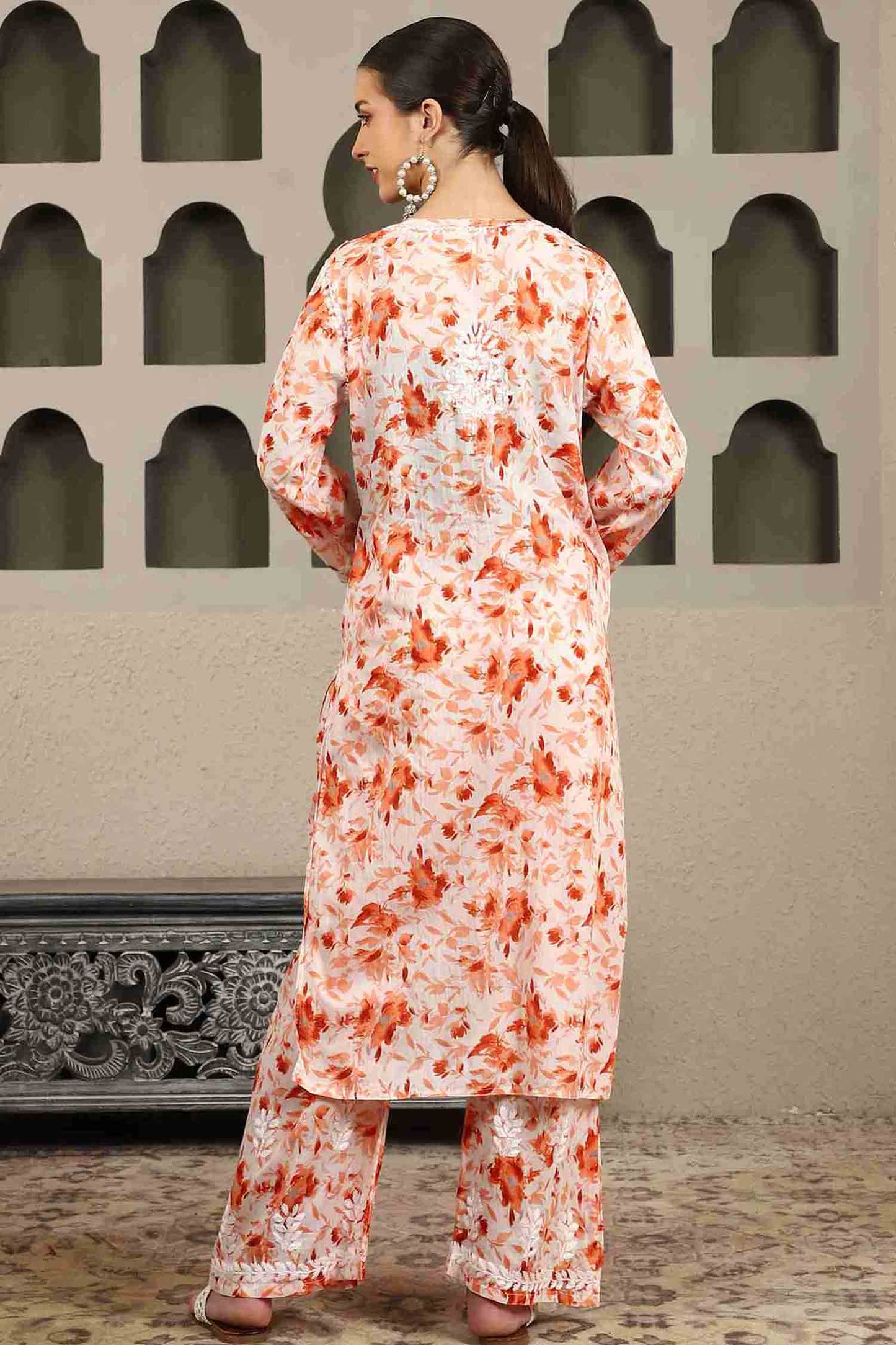 Gargi Orange Floral Print Chikankari Kurta Set with White Thread – Notch Neck