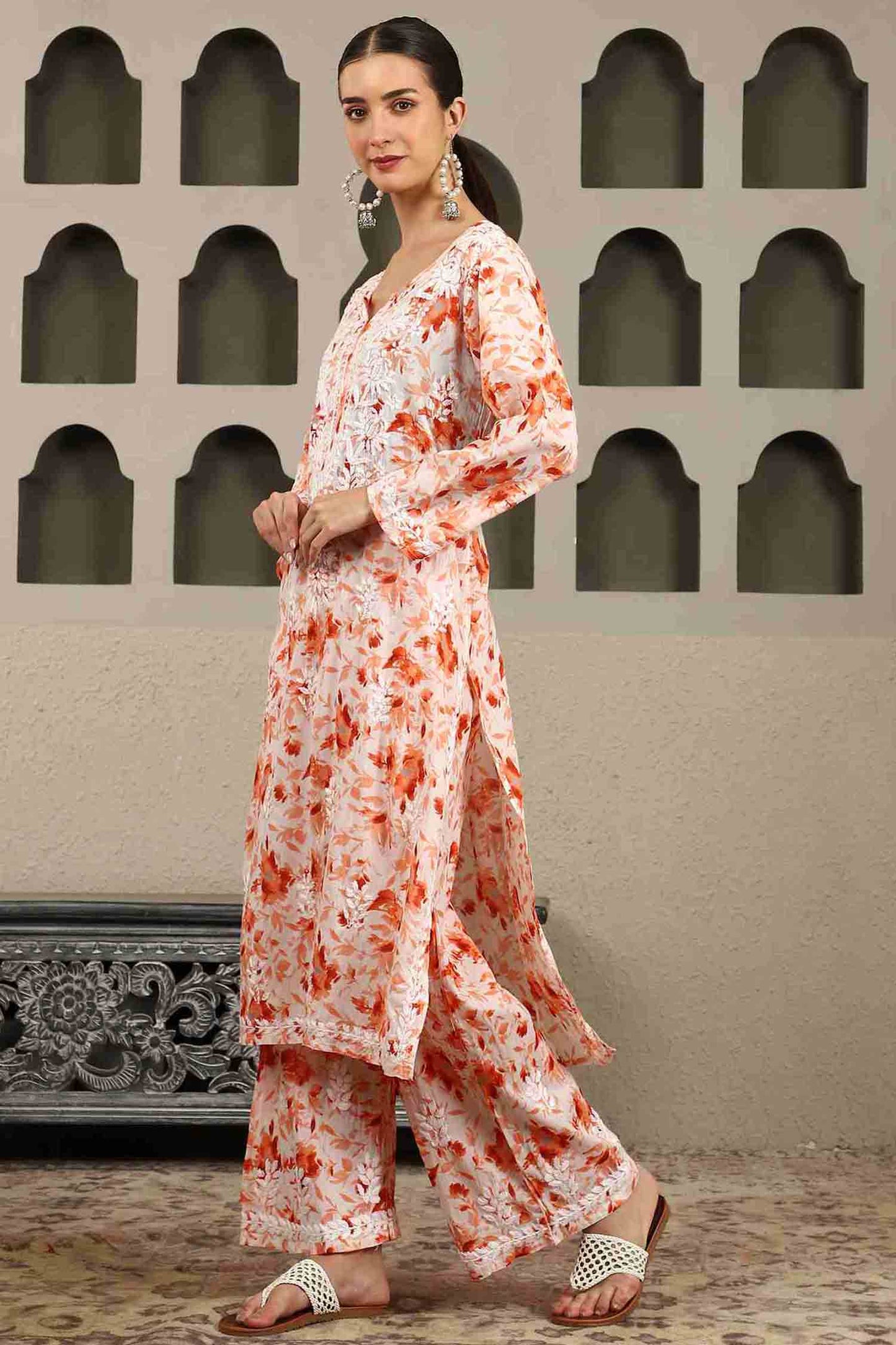 Gargi Orange Floral Print Chikankari Kurta Set with White Thread – Notch Neck