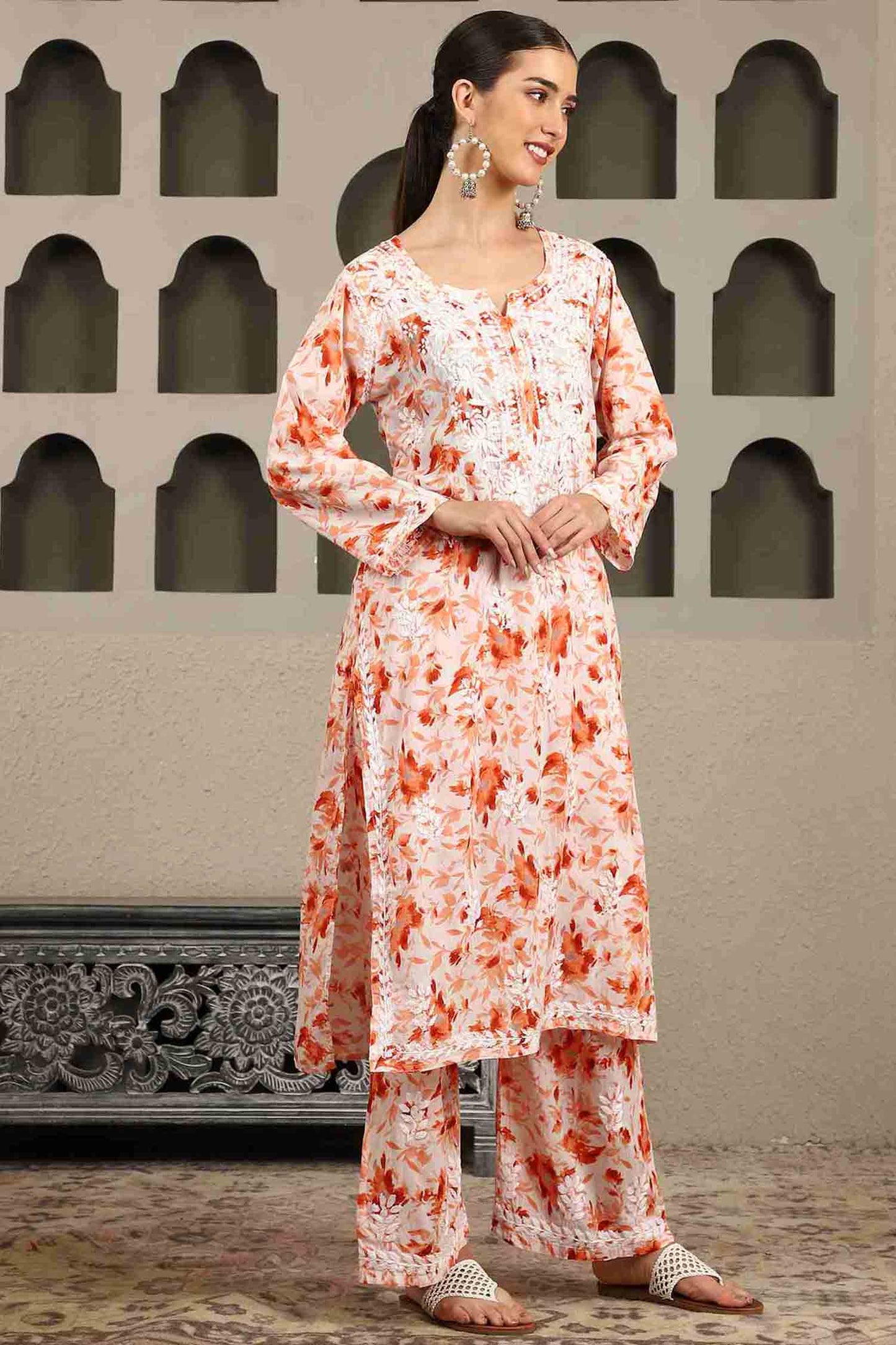 Gargi Orange Floral Print Chikankari Kurta Set with White Thread – Notch Neck