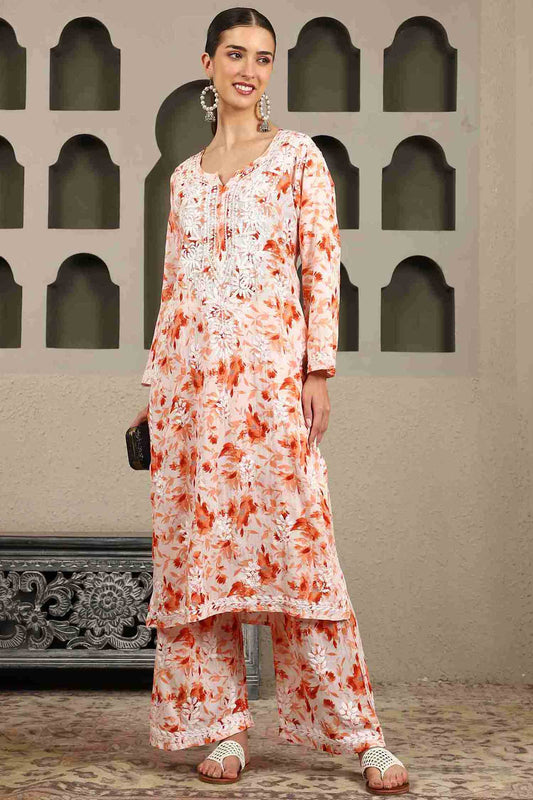 Gargi Orange Floral Print Chikankari Kurta Set with White Thread – Notch Neck