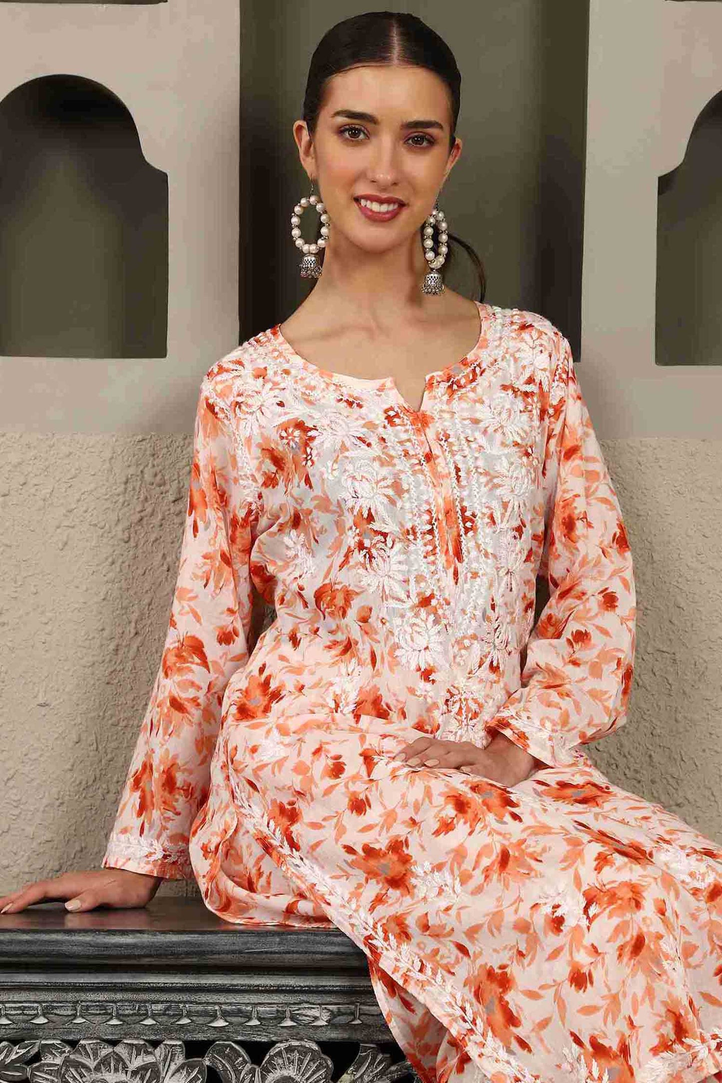 Gargi Orange Floral Print Chikankari Kurta Set with White Thread – Notch Neck