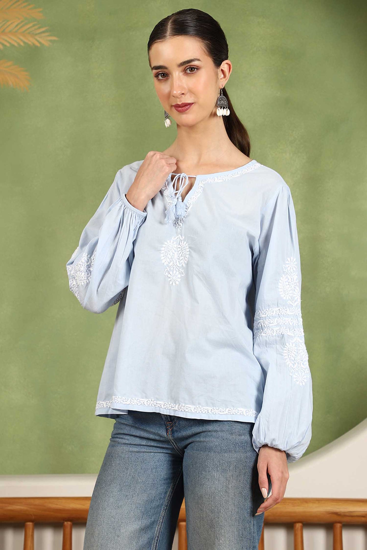 Aria Chikankari Top with White Thread & Balloon Sleeves – Blue