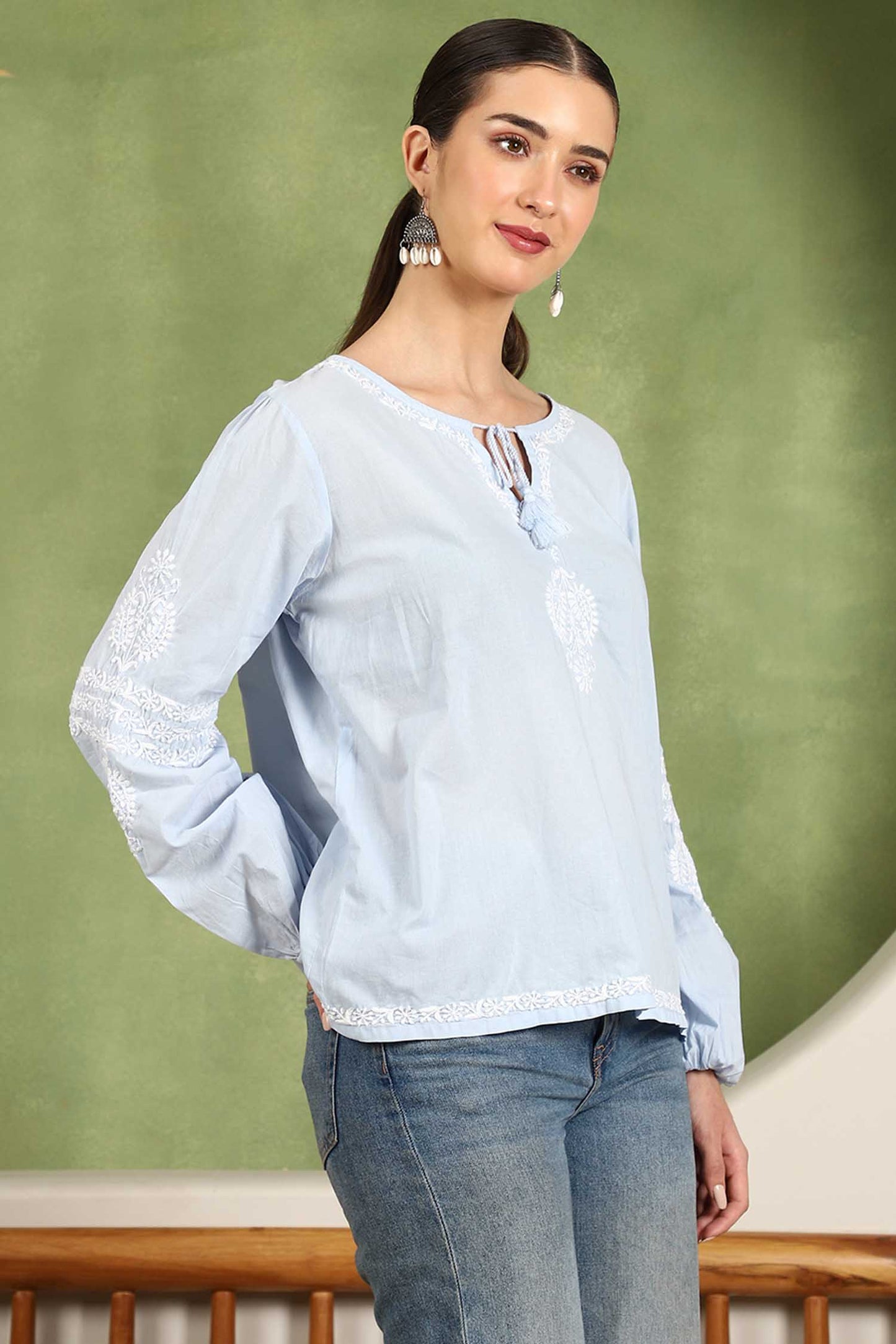 Aria Chikankari Top with White Thread & Balloon Sleeves – Blue