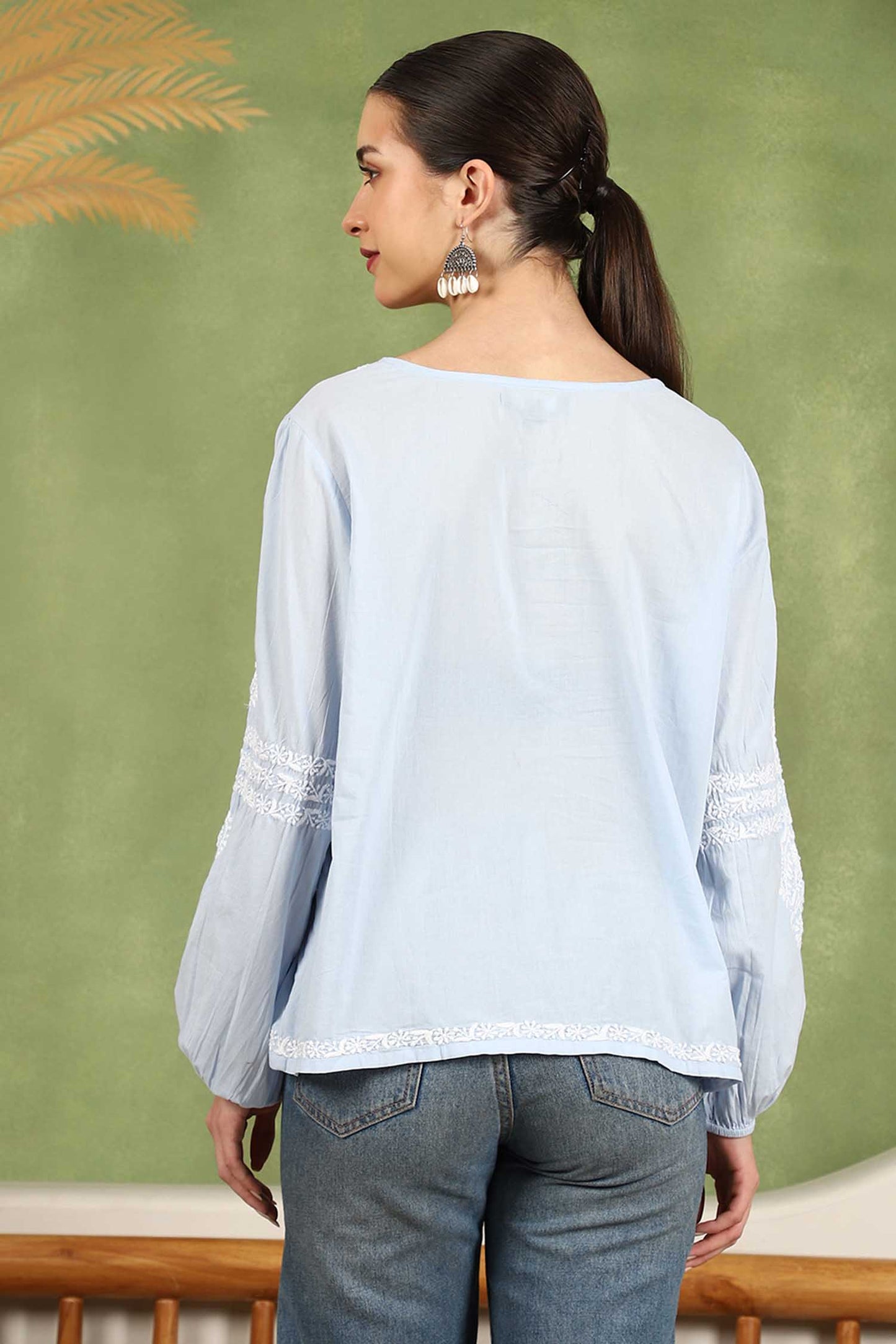 Aria Chikankari Top with White Thread & Balloon Sleeves – Blue