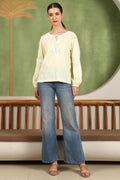 Aria Chikankari Top with White Thread & Balloon Sleeves – Yellow