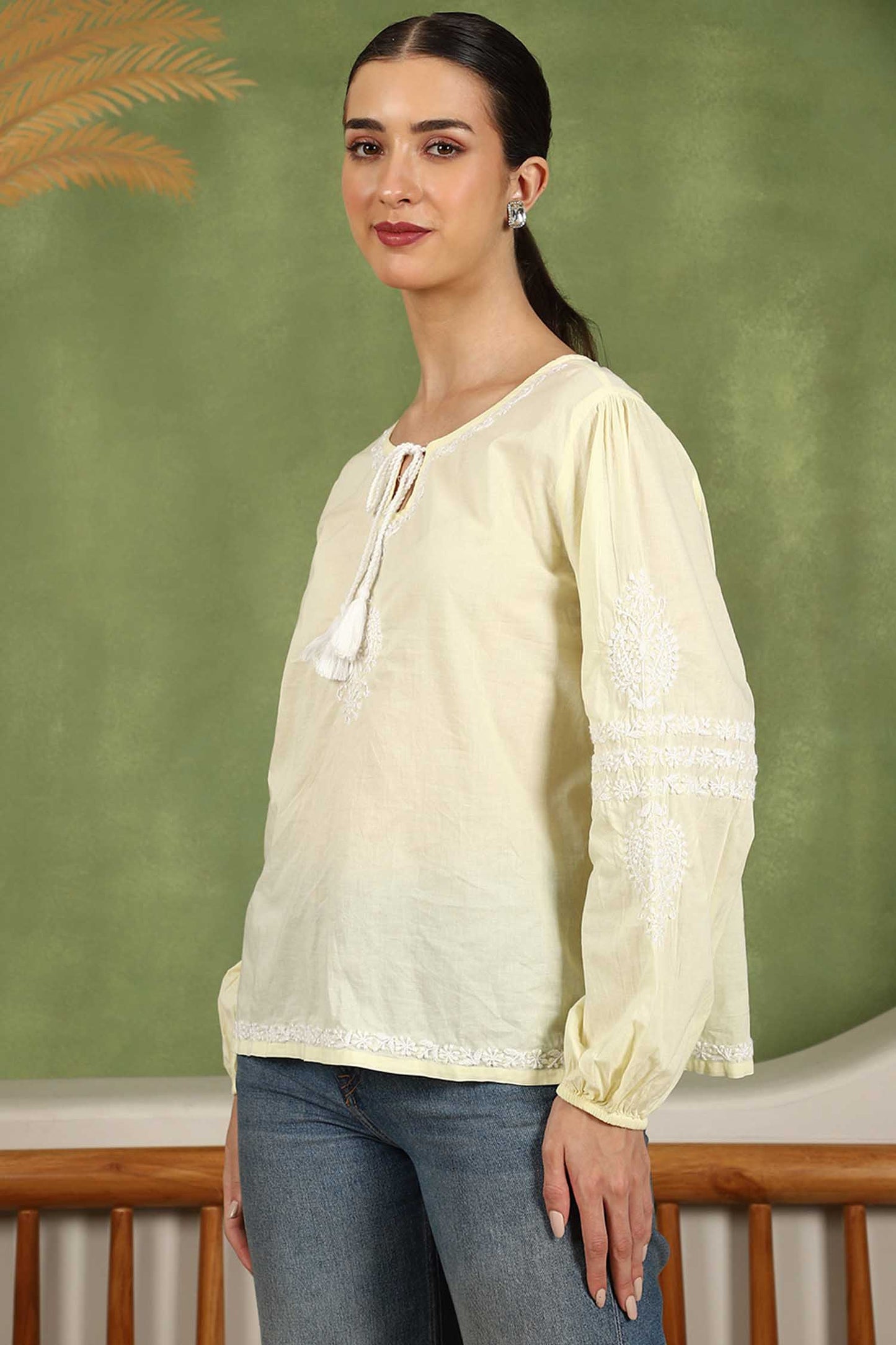 Aria Chikankari Top with White Thread & Balloon Sleeves – Yellow
