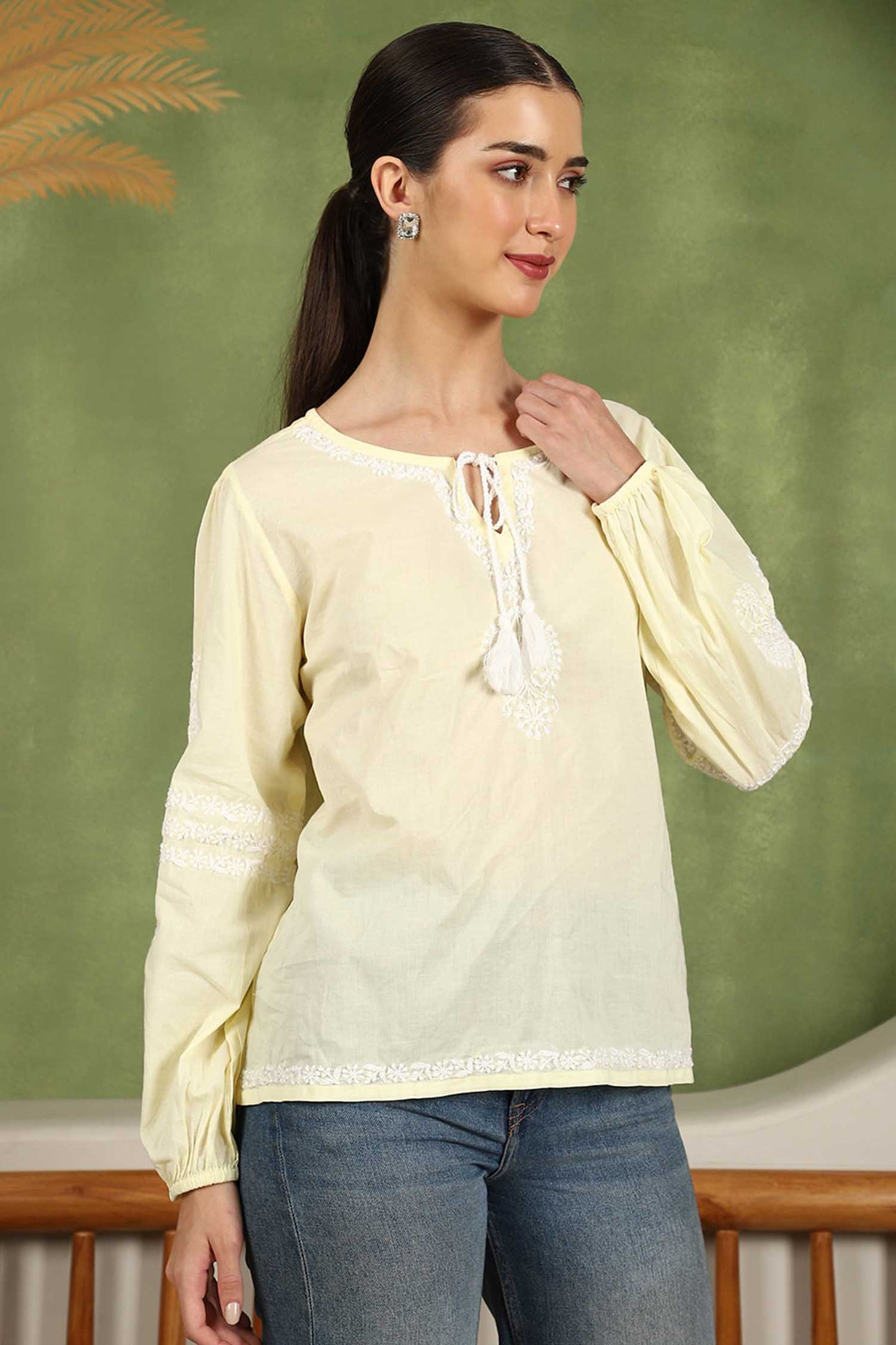 Aria Chikankari Top with White Thread & Balloon Sleeves – Yellow