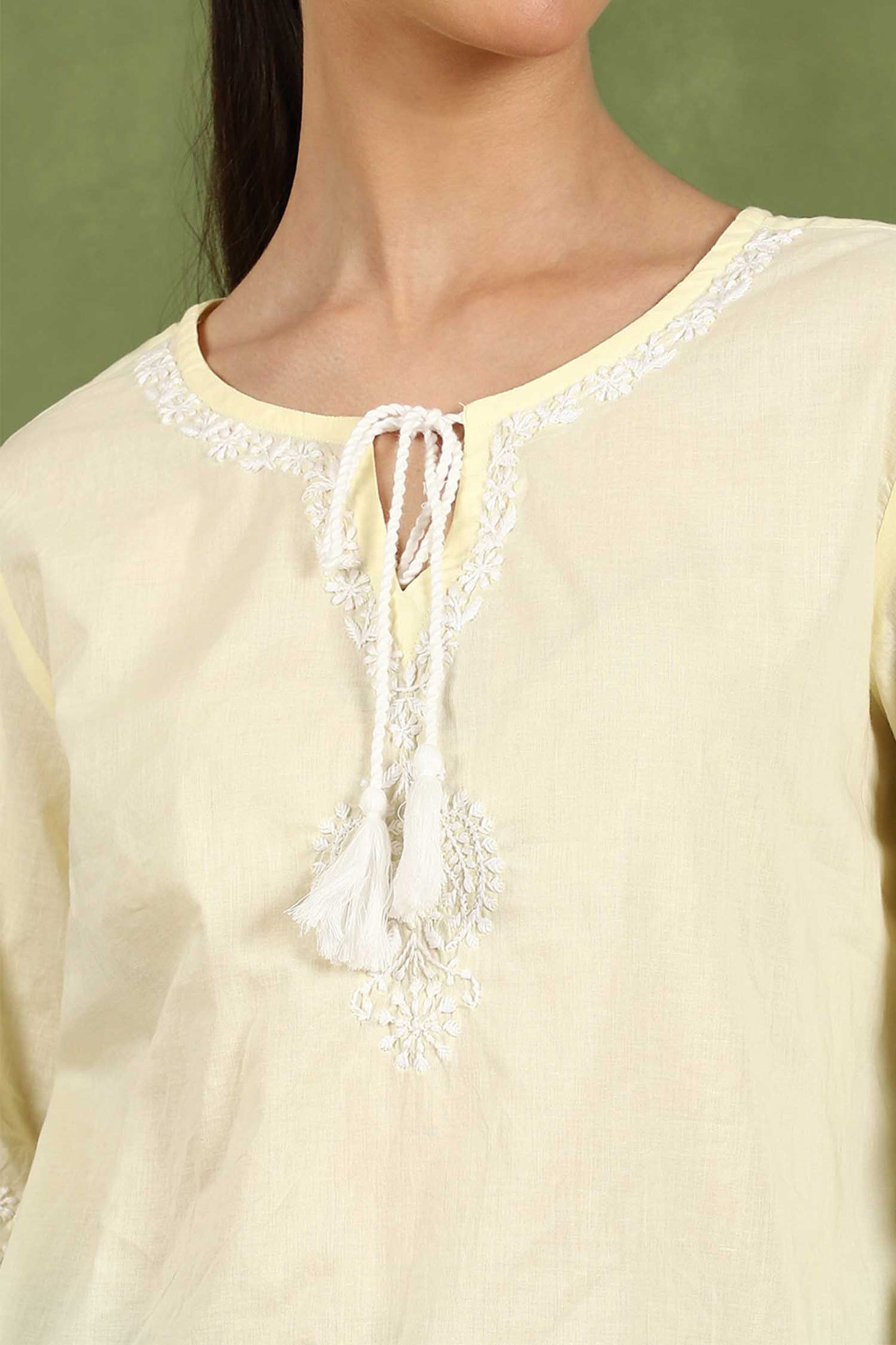 Aria Chikankari Top with White Thread & Balloon Sleeves – Yellow