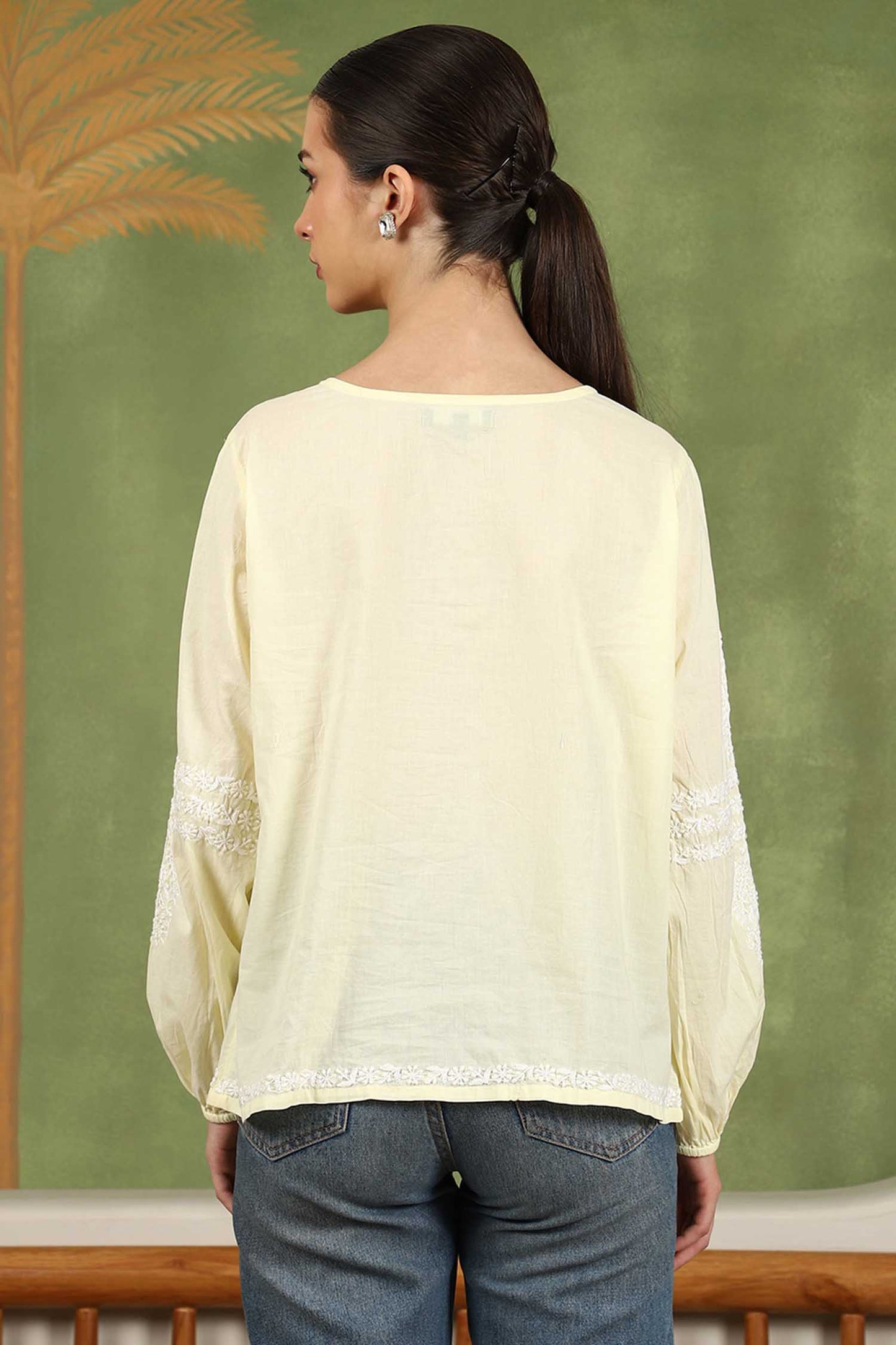 Aria Chikankari Top with White Thread & Balloon Sleeves – Yellow