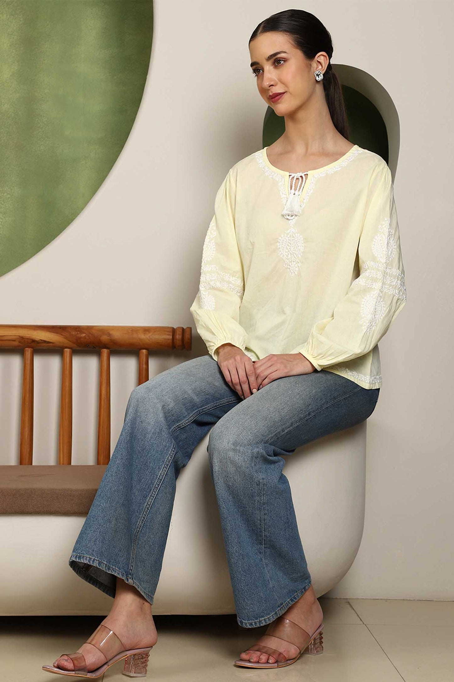 Aria Chikankari Top with White Thread & Balloon Sleeves – Yellow