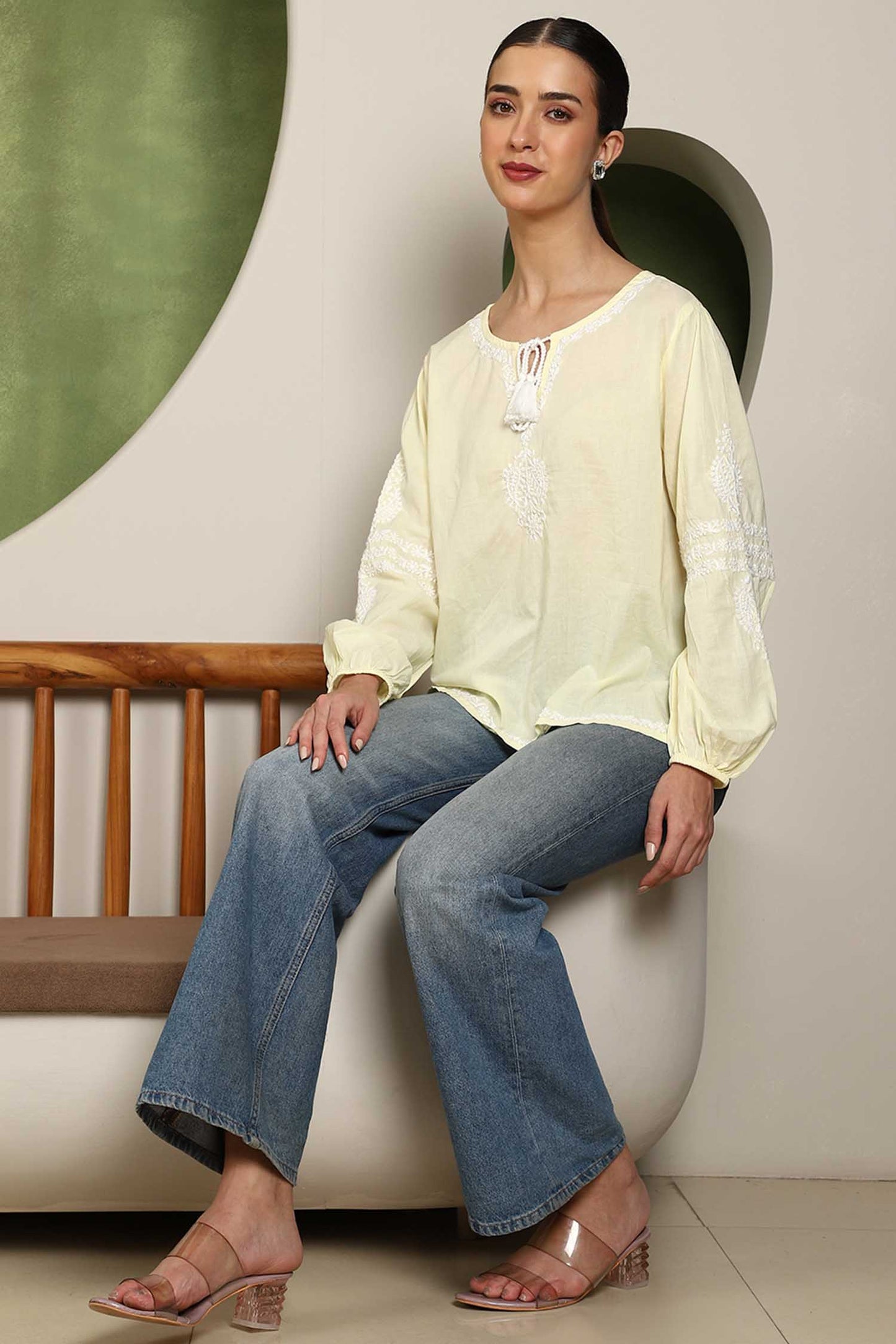 Aria Chikankari Top with White Thread & Balloon Sleeves – Yellow