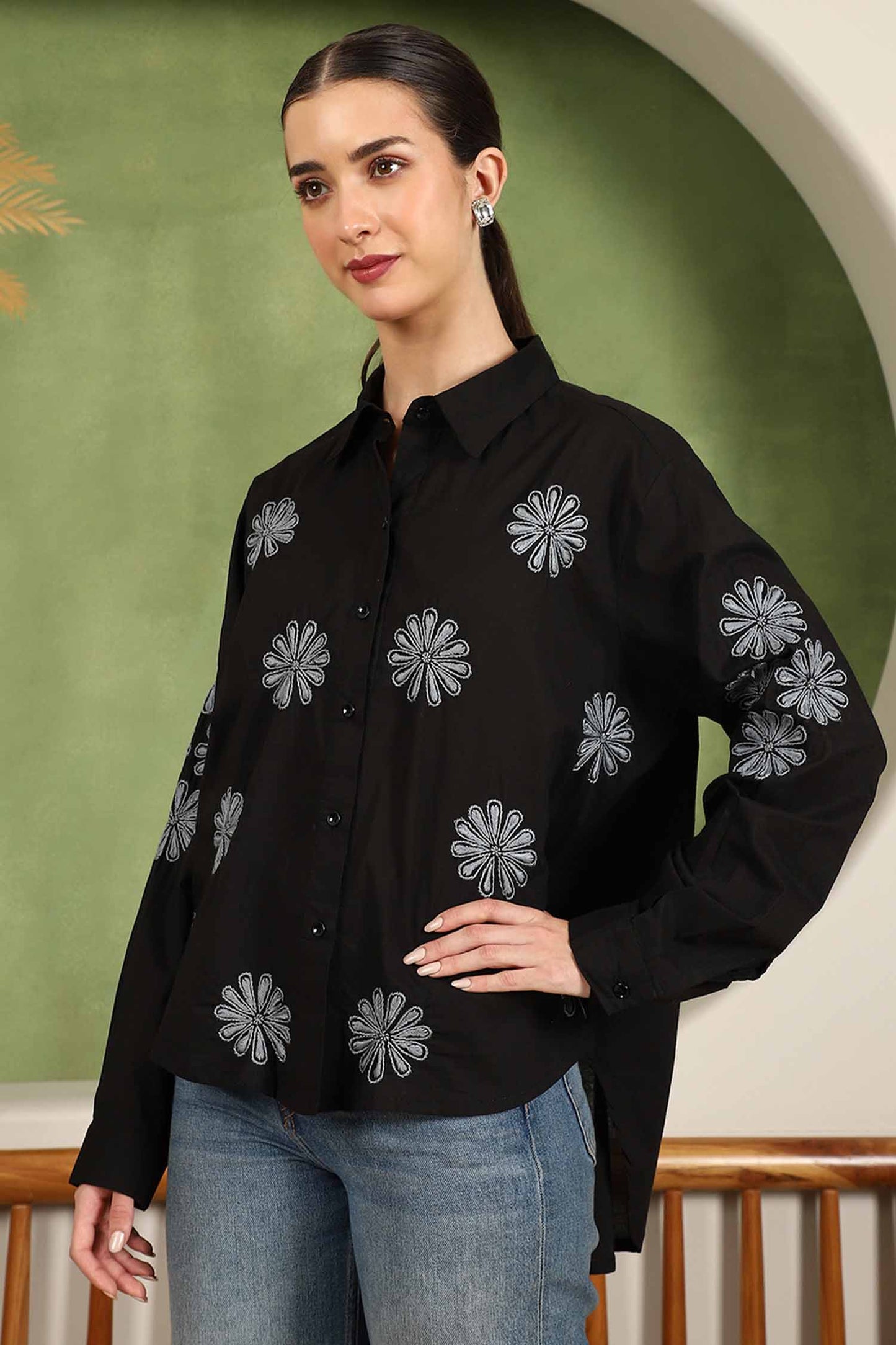 Floret Chikankari Shirt with Grey Boota – Spread Collar