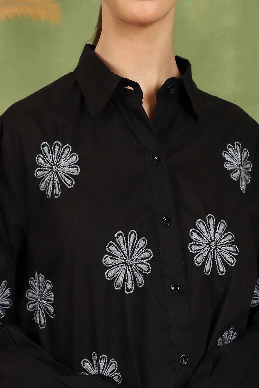 Floret Chikankari Shirt with Grey Boota – Spread Collar