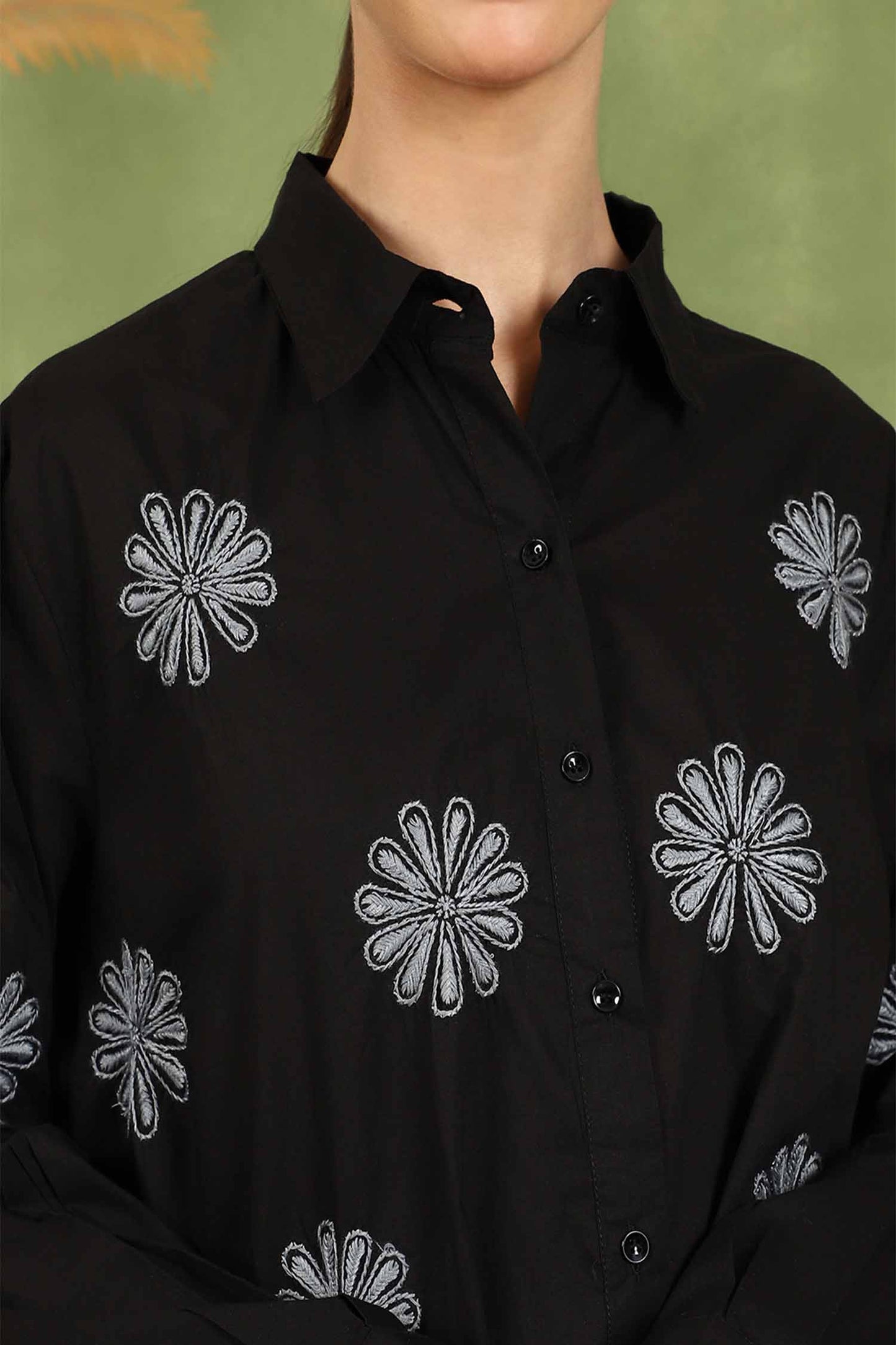 Floret Chikankari Shirt with Grey Boota – Spread Collar