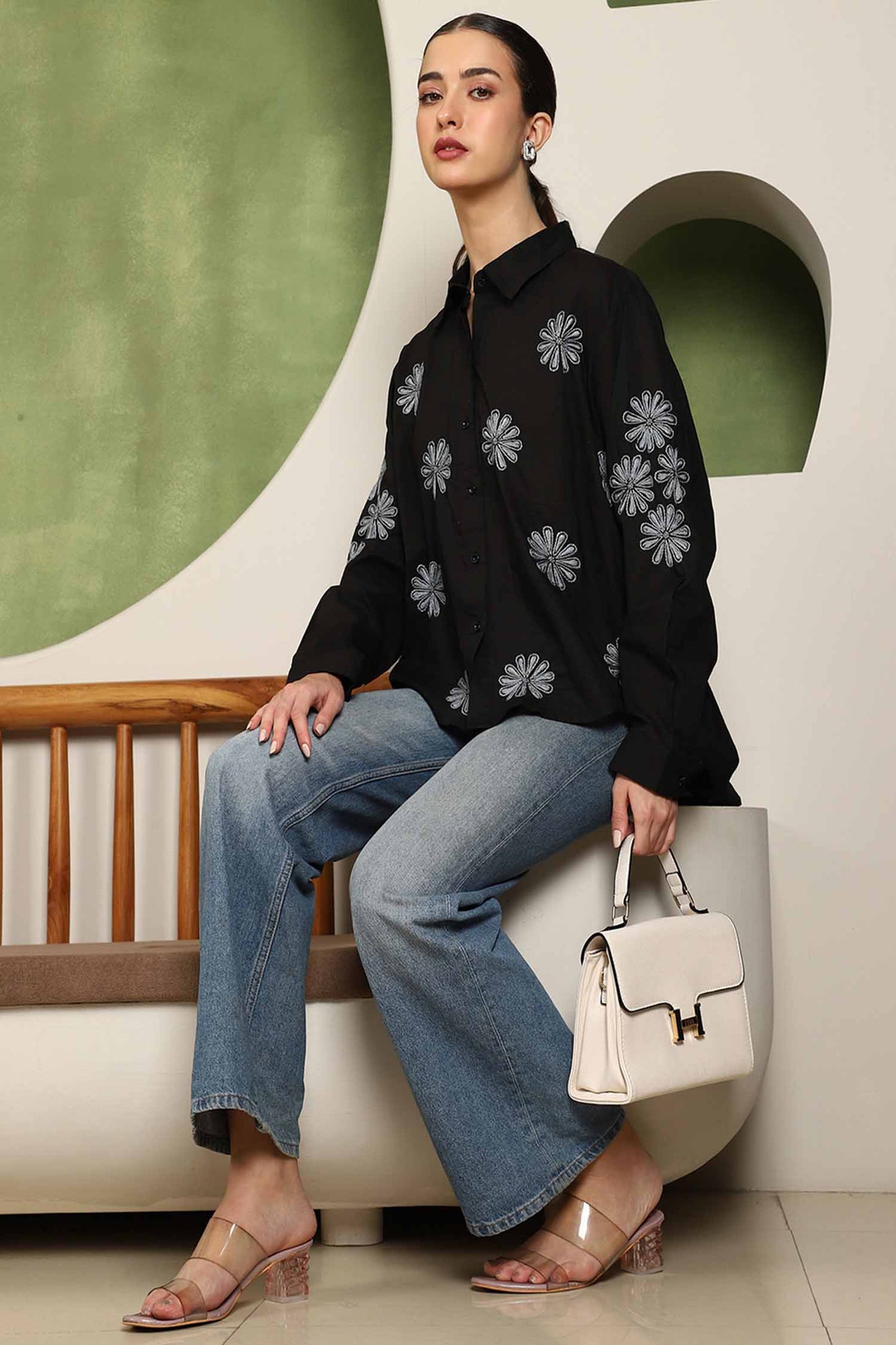 Floret Chikankari Shirt with Grey Boota – Spread Collar