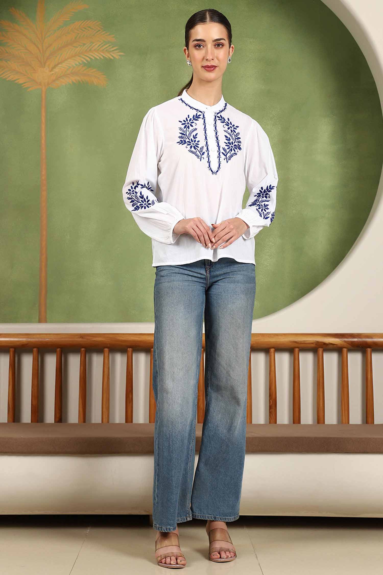 Freya Chikankari Top with Royal Blue Boota – white