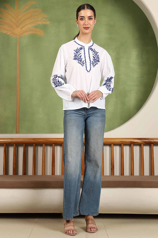 Freya Chikankari Top with Royal Blue Boota – white