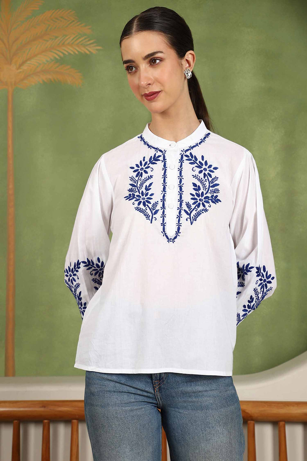 Freya Chikankari Top with Royal Blue Boota – white