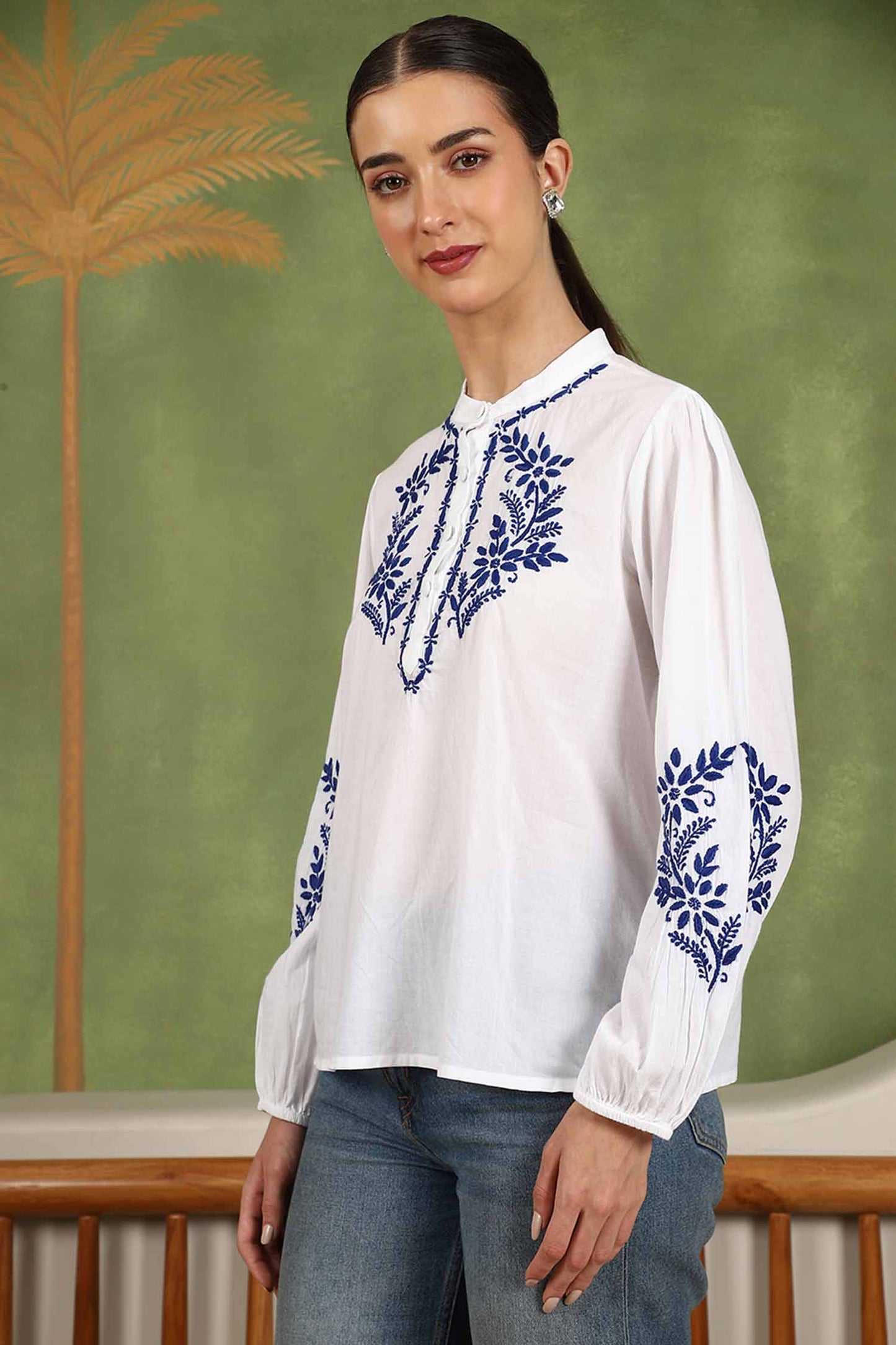 Freya Chikankari Top with Royal Blue Boota – white