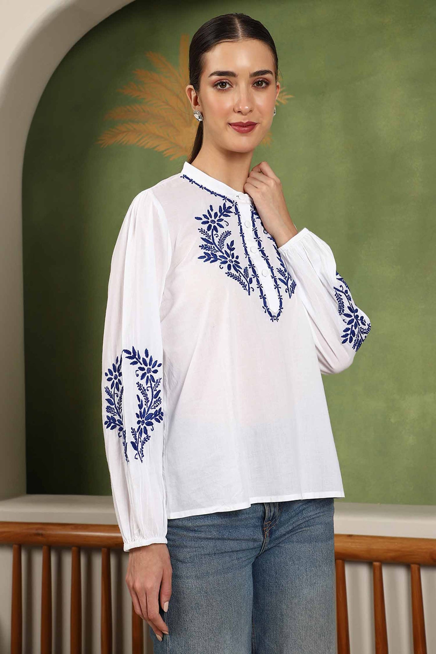 Freya Chikankari Top with Royal Blue Boota – white