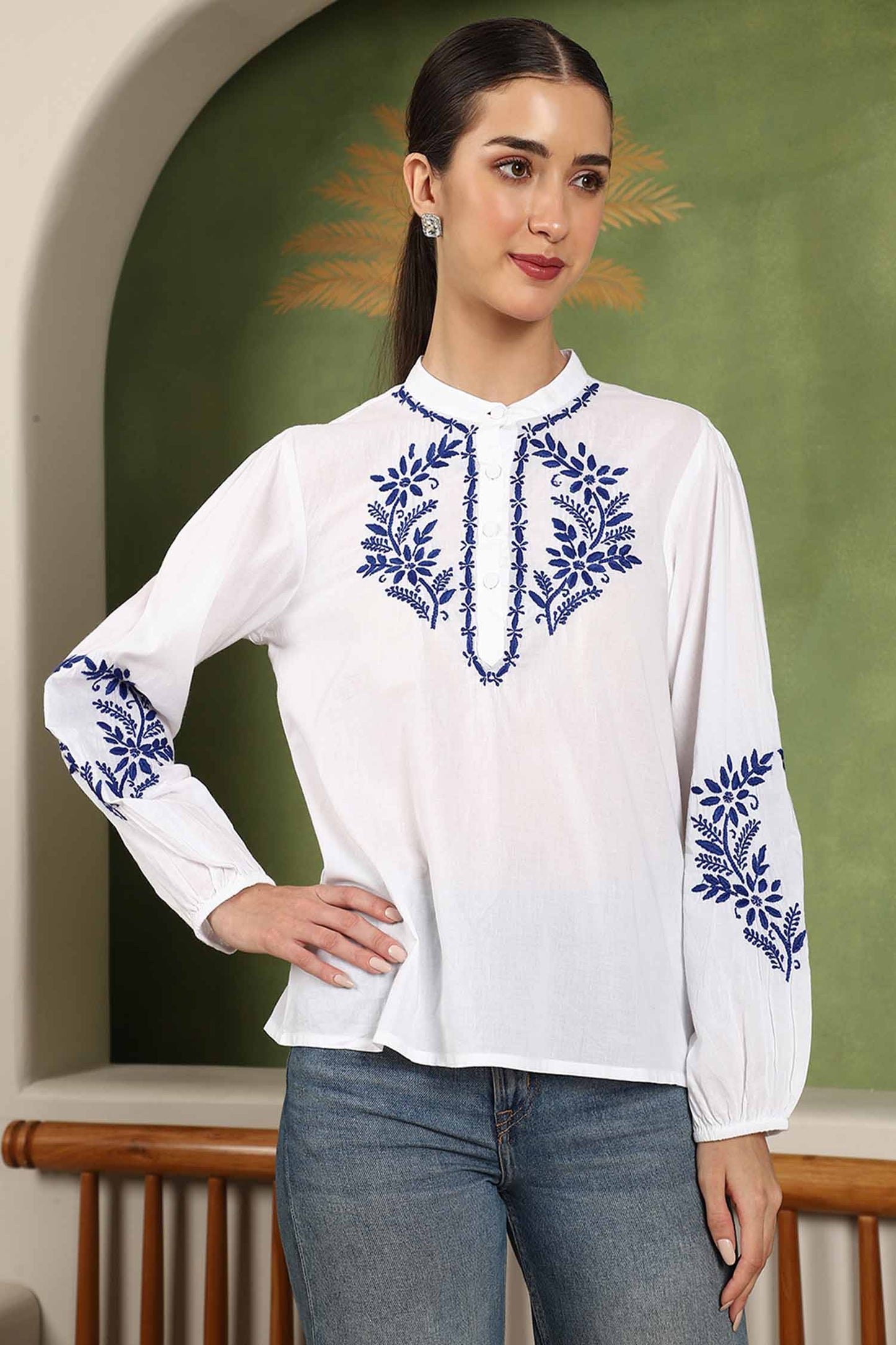Freya Chikankari Top with Royal Blue Boota – white