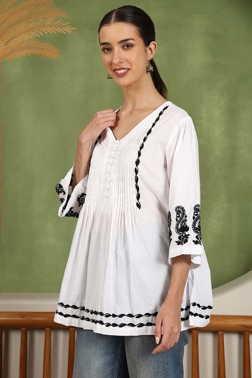 Elani Chikankari Top with Black Boota & Bell Sleeves – White