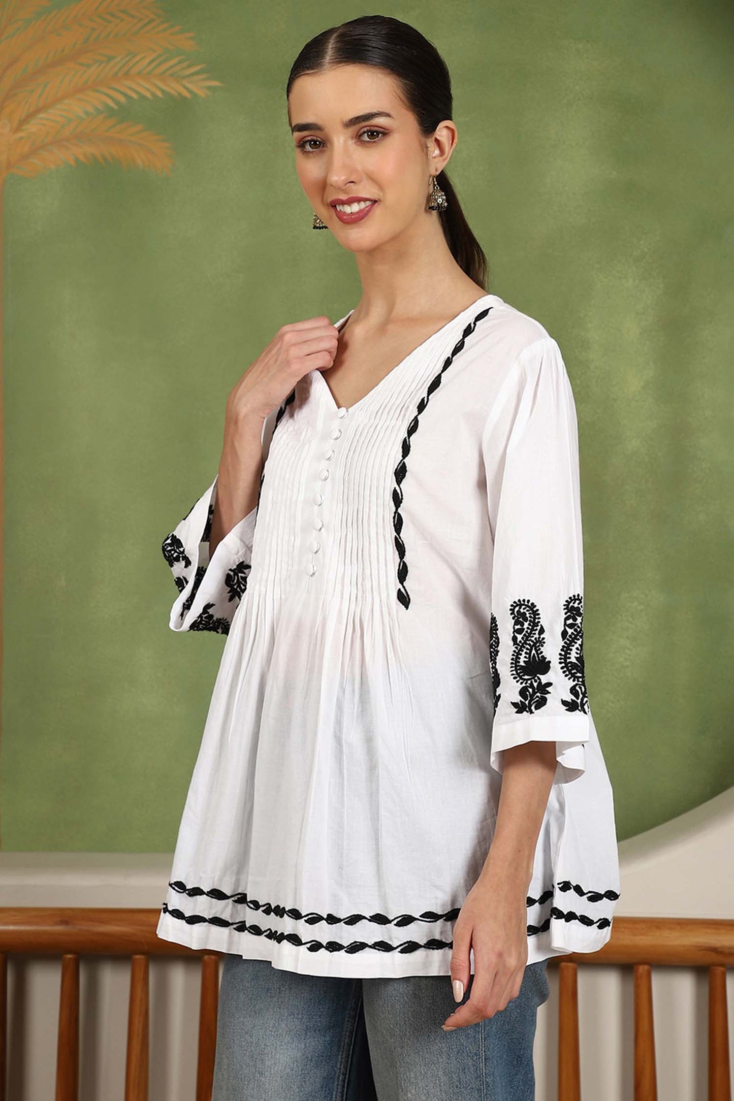 Elani Chikankari Top with Black Boota & Bell Sleeves – White