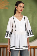 Elani Chikankari Top with Black Boota & Bell Sleeves – White