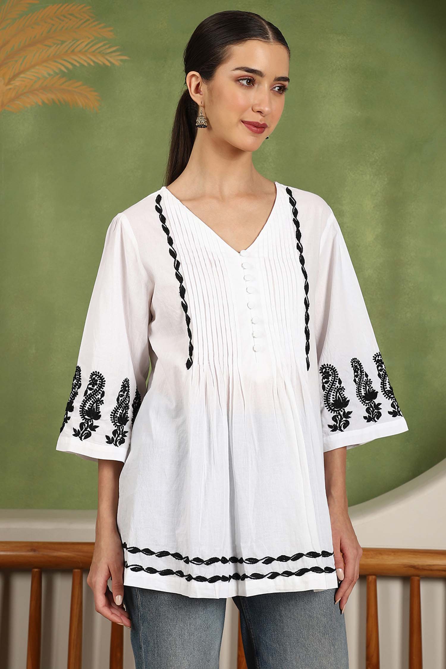 Elani Chikankari Top with Black Boota & Bell Sleeves – White