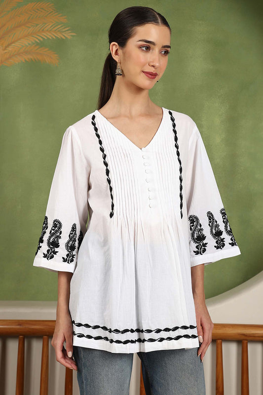 Elani Chikankari Top with Black Boota & Bell Sleeves – White