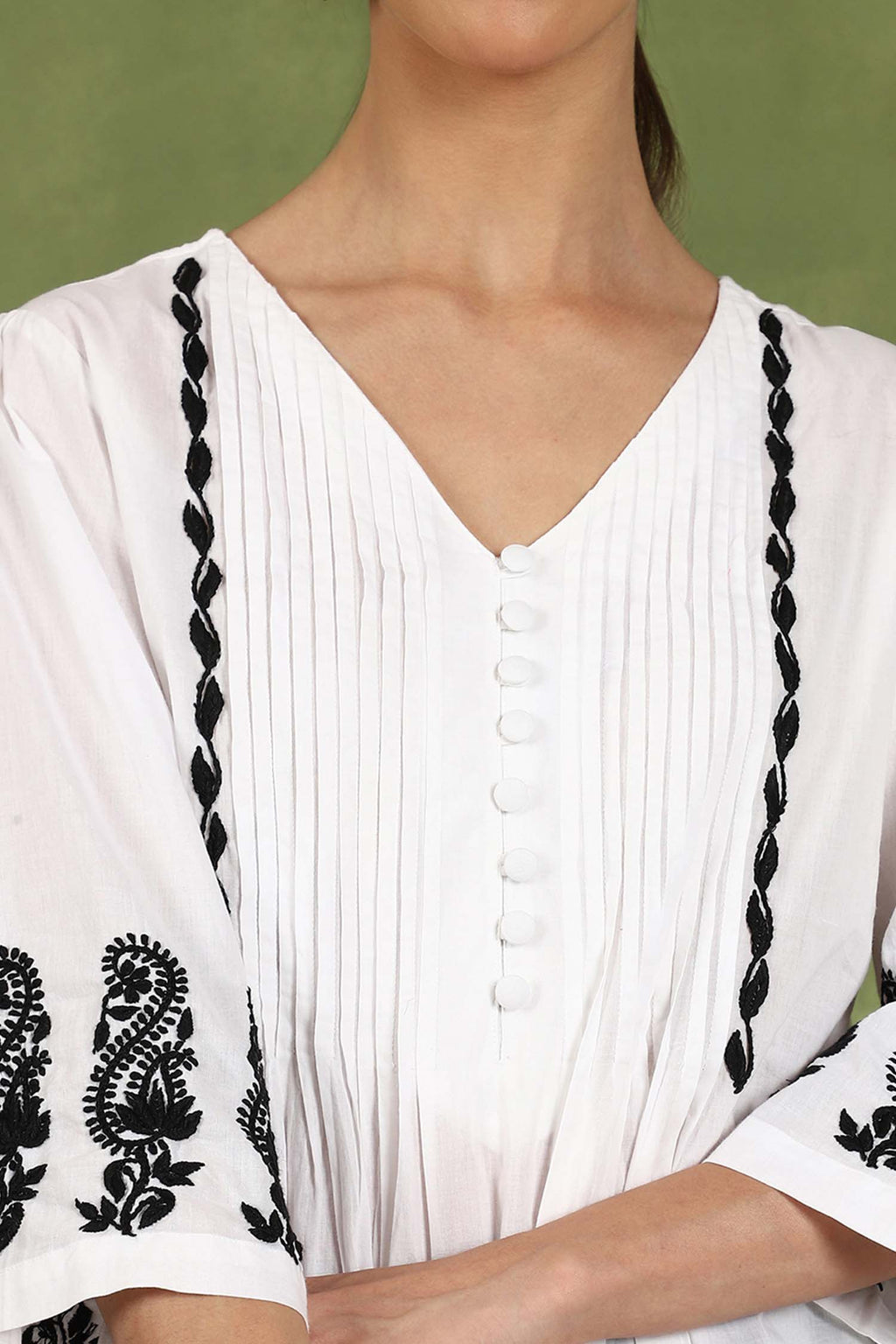Elani Chikankari Top with Black Boota & Bell Sleeves – White