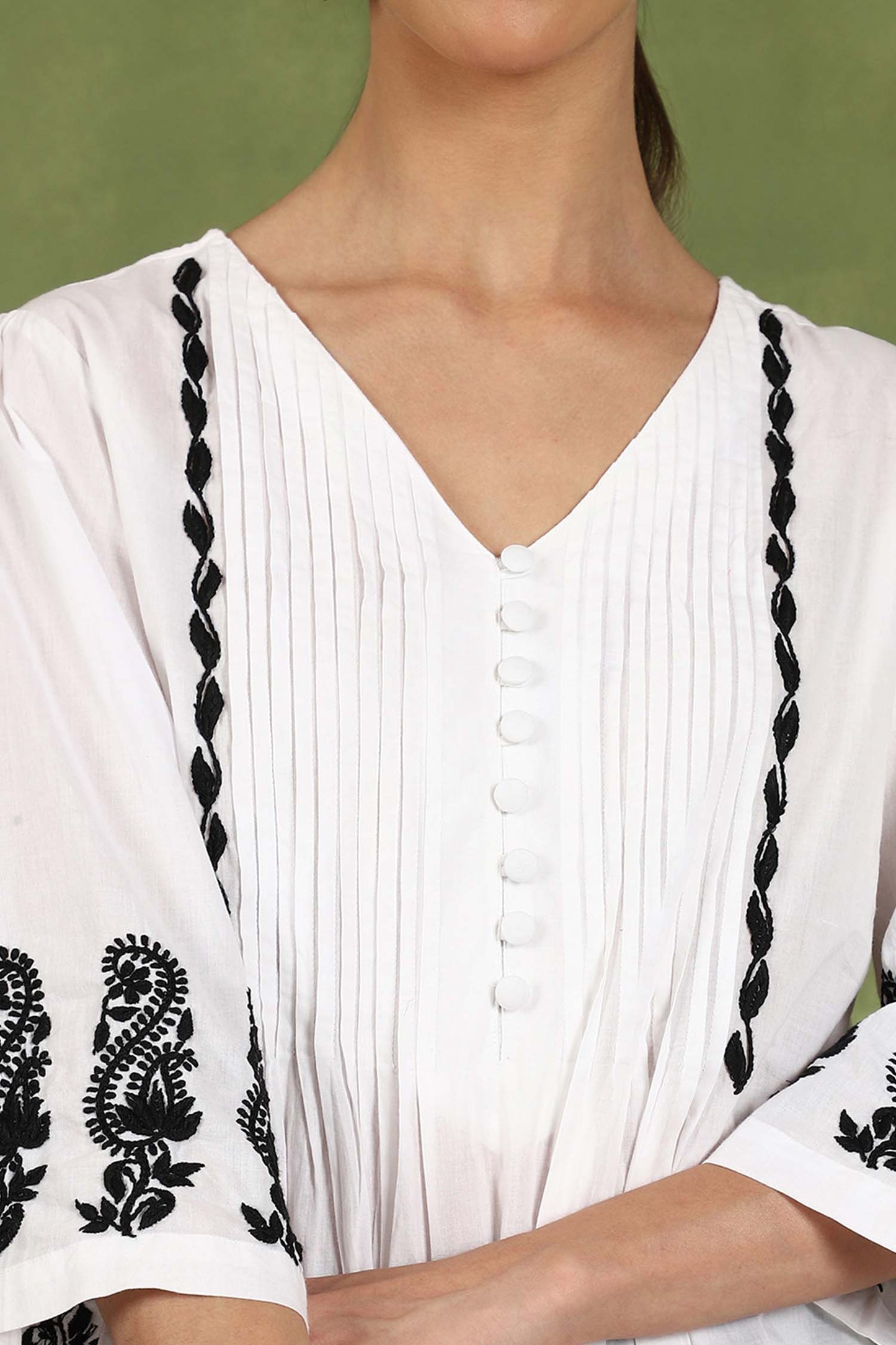 Elani Chikankari Top with Black Boota & Bell Sleeves – White