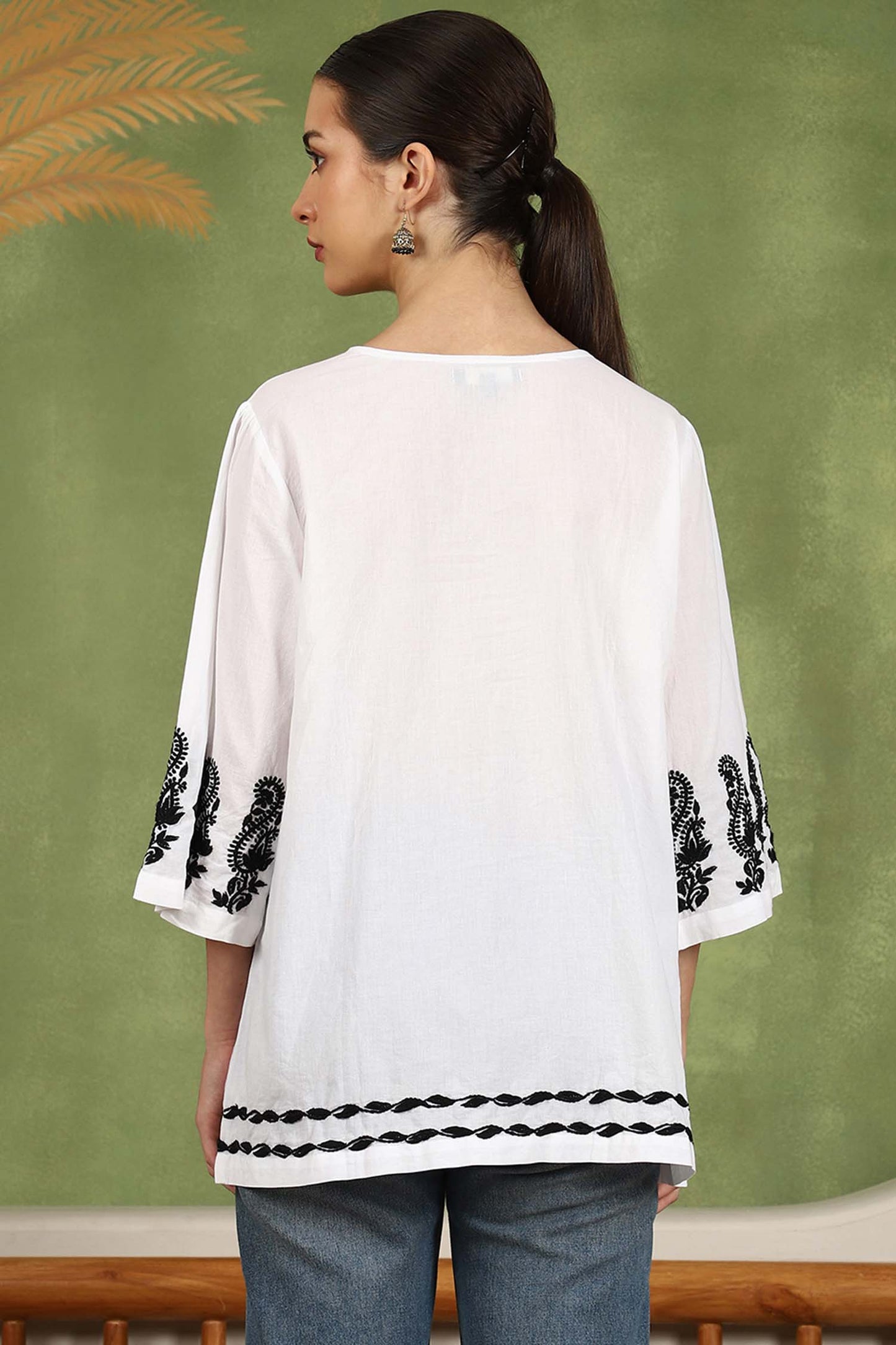 Elani Chikankari Top with Black Boota & Bell Sleeves – White