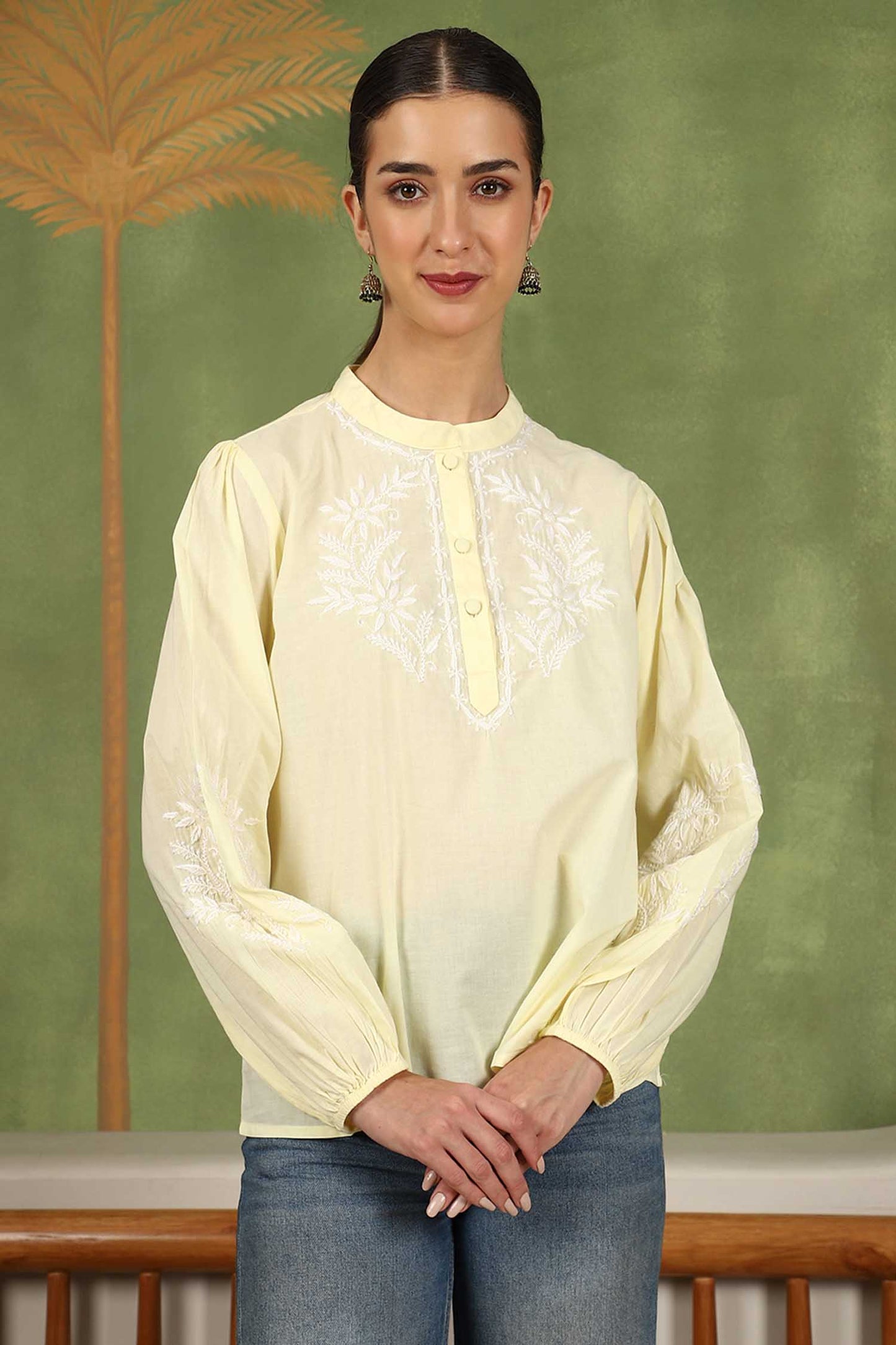 Freya  Chikankari Top with White Boota – Yellow