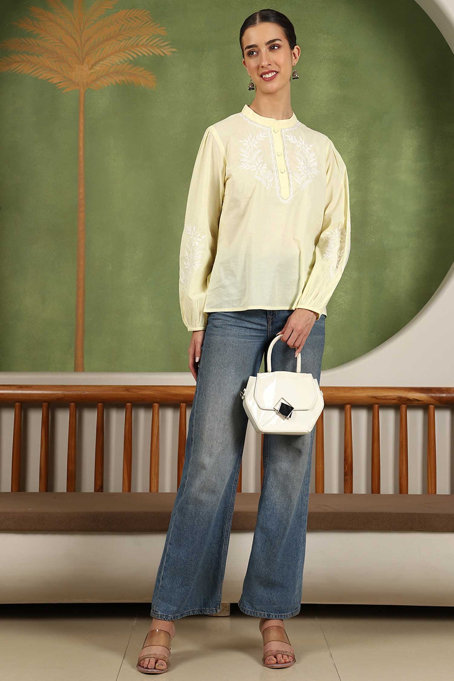 Freya  Chikankari Top with White Boota – Yellow