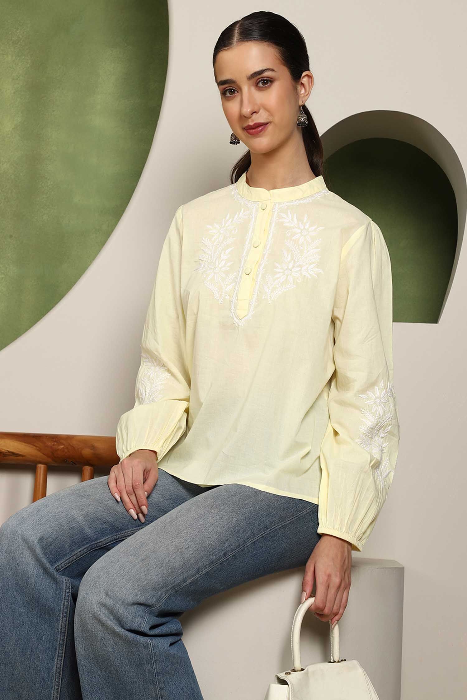 Freya  Chikankari Top with White Boota – Yellow
