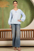 Felicia Balloon Sleeve Chikankari Top with White Thread – Blue