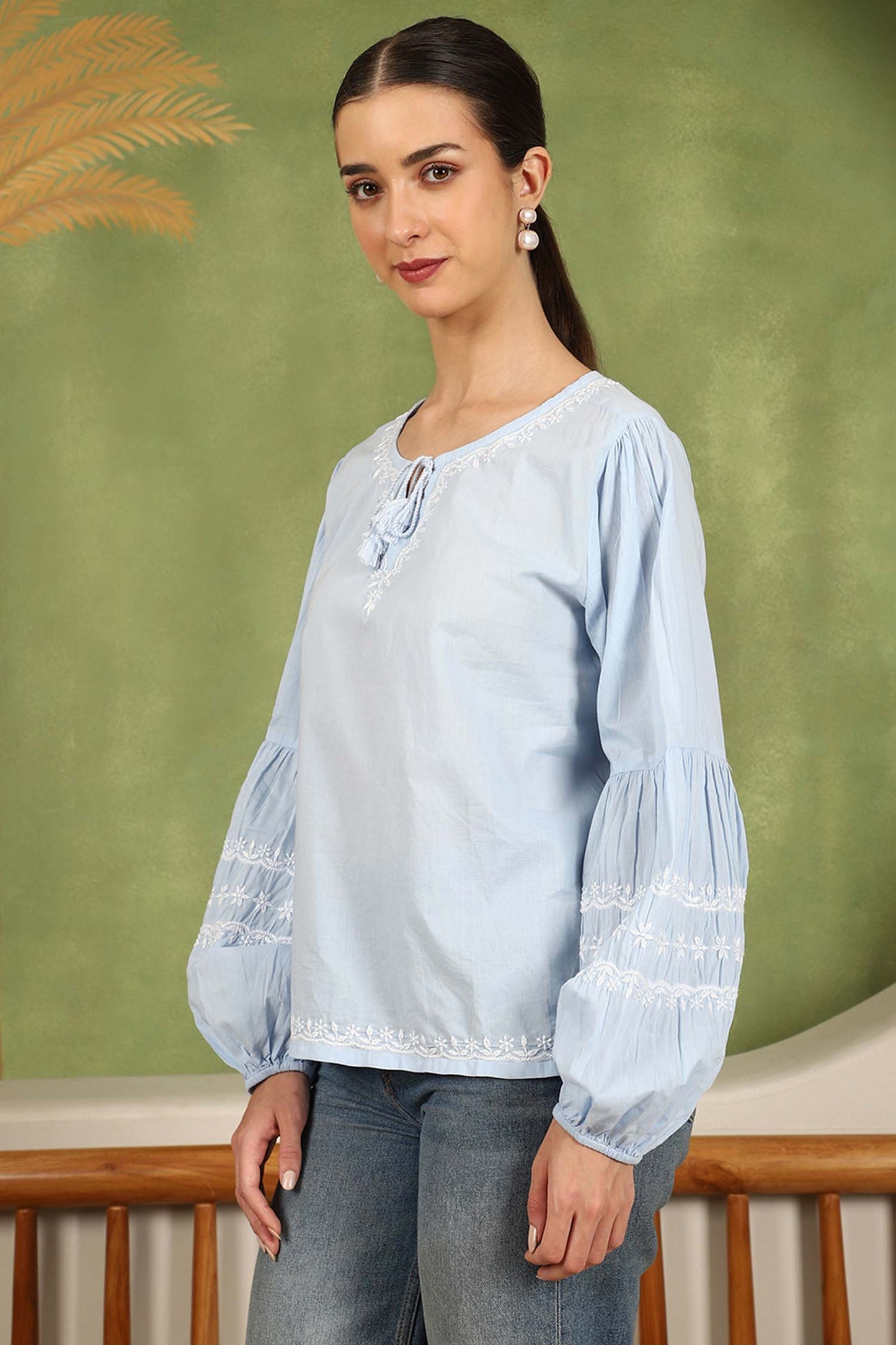 Felicia Balloon Sleeve Chikankari Top with White Thread – Blue