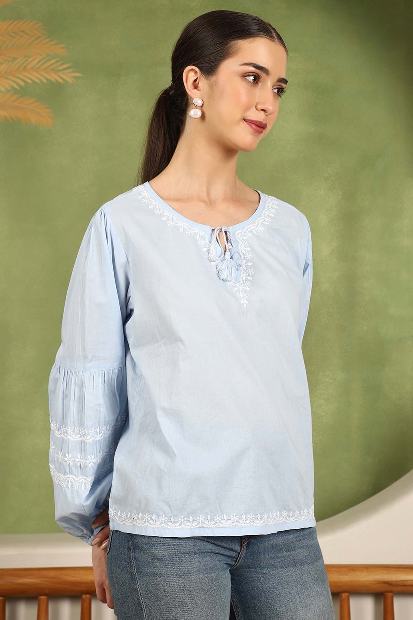 Felicia Balloon Sleeve Chikankari Top with White Thread – Blue