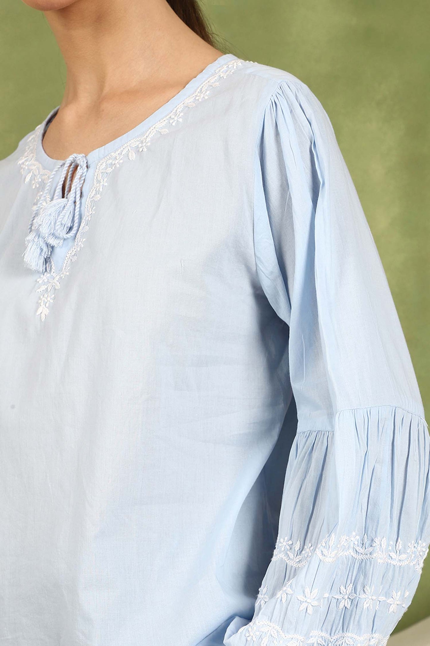 Felicia Balloon Sleeve Chikankari Top with White Thread – Blue