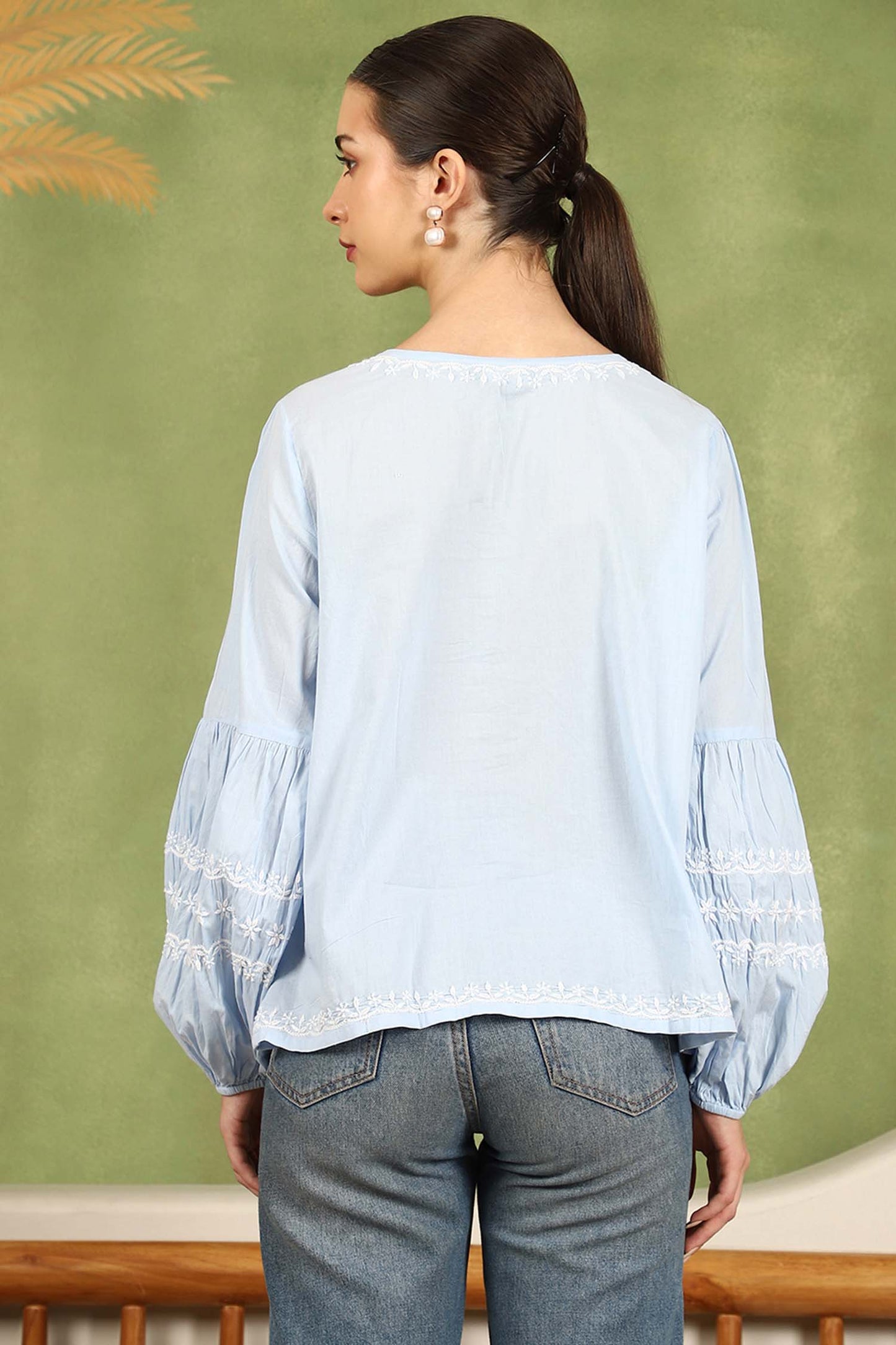 Felicia Balloon Sleeve Chikankari Top with White Thread – Blue