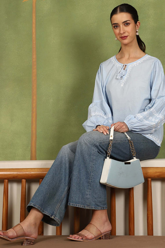Felicia Balloon Sleeve Chikankari Top with White Thread – Blue