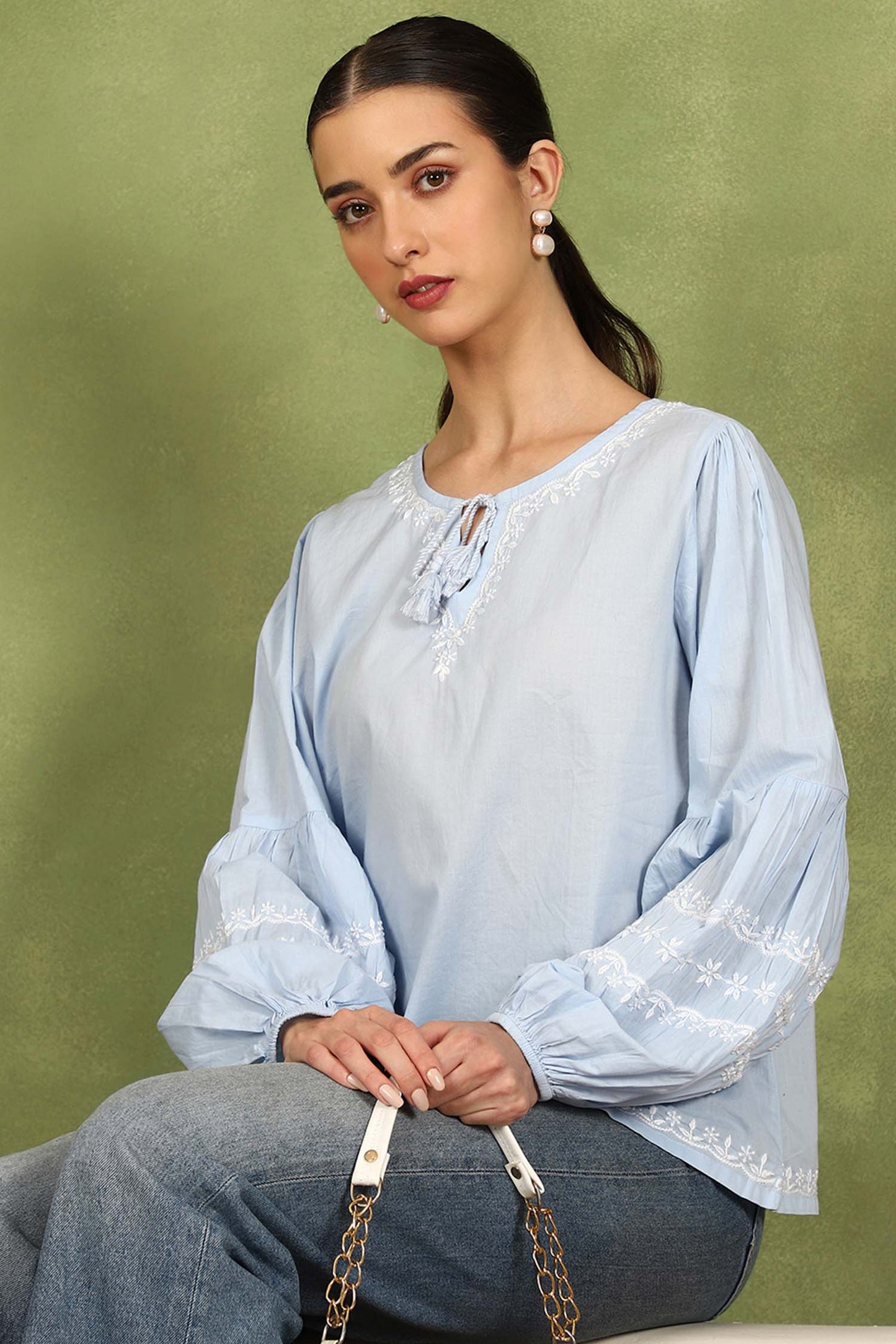 Felicia Balloon Sleeve Chikankari Top with White Thread – Blue