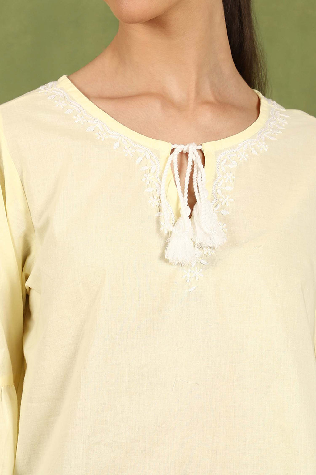 Felicia Chikankari Top with White Thread & Balloon Sleeves – Yellow