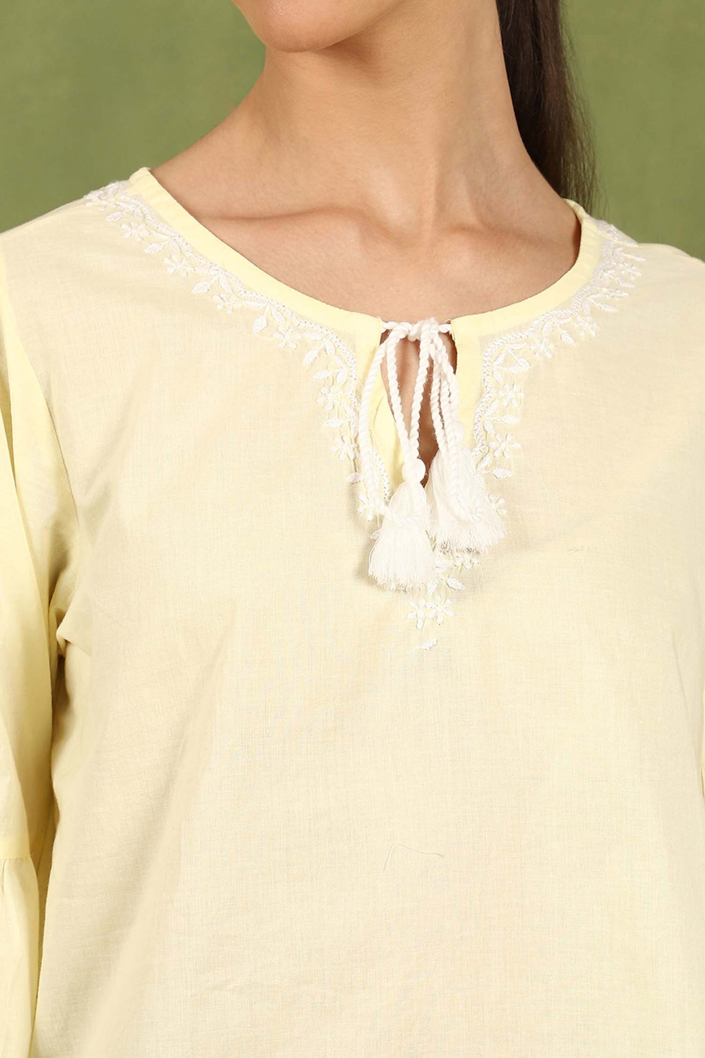 Felicia Chikankari Top with White Thread & Balloon Sleeves – Yellow