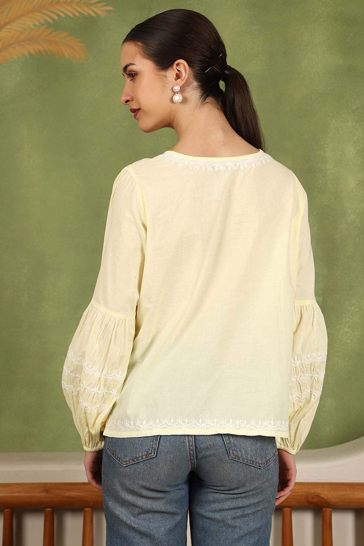 Felicia Chikankari Top with White Thread & Balloon Sleeves – Yellow